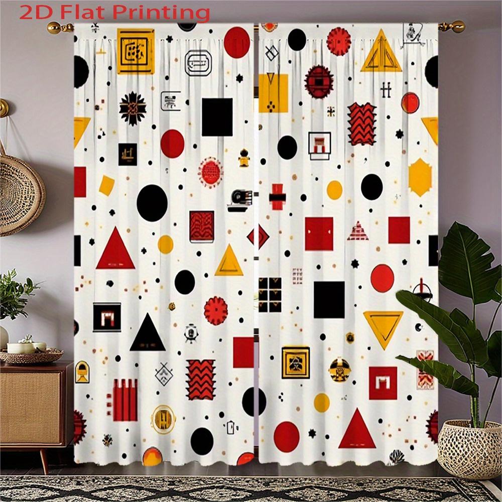Geometric Curtains 2pcs – Red Black Yellow Abstract Shapes on White, Mid-Century Modern Decor for Living Room and Bedroom