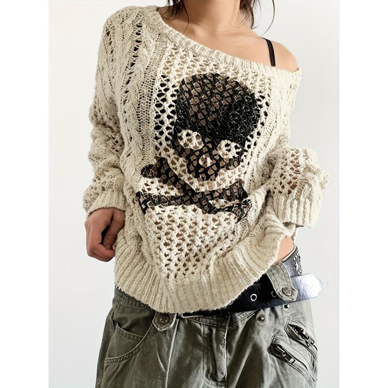 

Cozy Skull Pattern Crew Neck Long Sleeve Pullover Sweater - Soft Micro Elasticity Polyester Fabric, Womens Clothing for Everyday Wear S абрикосовый