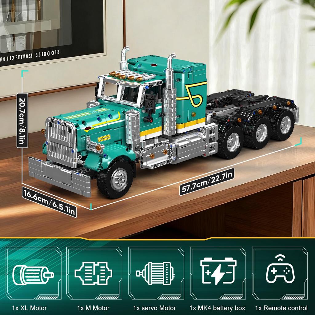 Mould King 13201 Zestaw do budowy ciężarówki, Model ciężarówki sterowany przez aplikację i RC, Zestaw klocków do budowy pojazdu przyczepy STEM, Kolekcjonerski