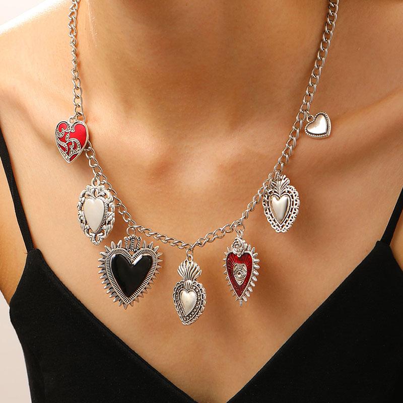Sacred Heart Pendant Necklace Silver Color Chain Retro Religious Personalized Luxury Women Design Jewelry Red Heart Necklace