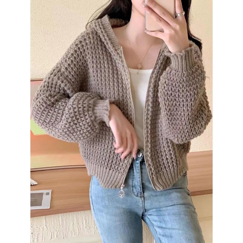 Autumn Winter New Zipper Knitted Hooded Sweater Jacket Korean Retro Cardigan Women Coats Casual Slim Fit Knitwear Jackets Simple Elegant Solid Top