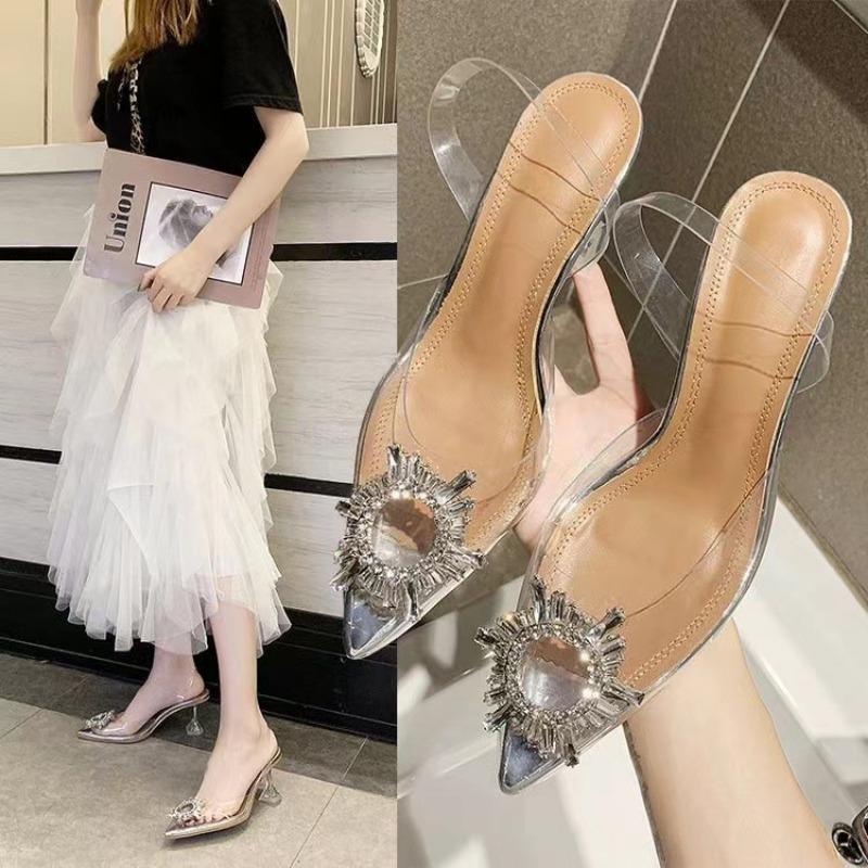 Spring and summer new pointed toe with sunflower high heels transparent crystal shoes thick heel wine glass and sandals women