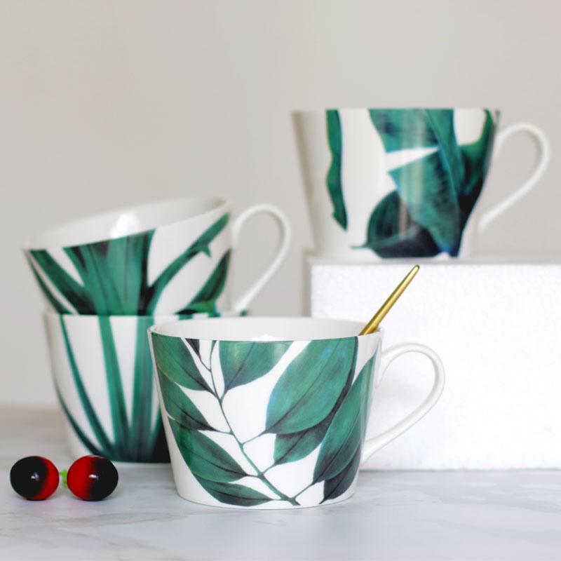 1 szt. Kubek z zielonym liściem w stylu europejskim, ceramiczny kubek do mleka, kubek na wodę, kubek do kawy z porcelany kostnej, filiżanka do herbaty, naczynie do picia