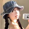 Vintage Japanese Washed Denim Bucket Hat Women Summer Large Head Size Face Slimming Basin Hat Outdoor Sun UV Protection Cap