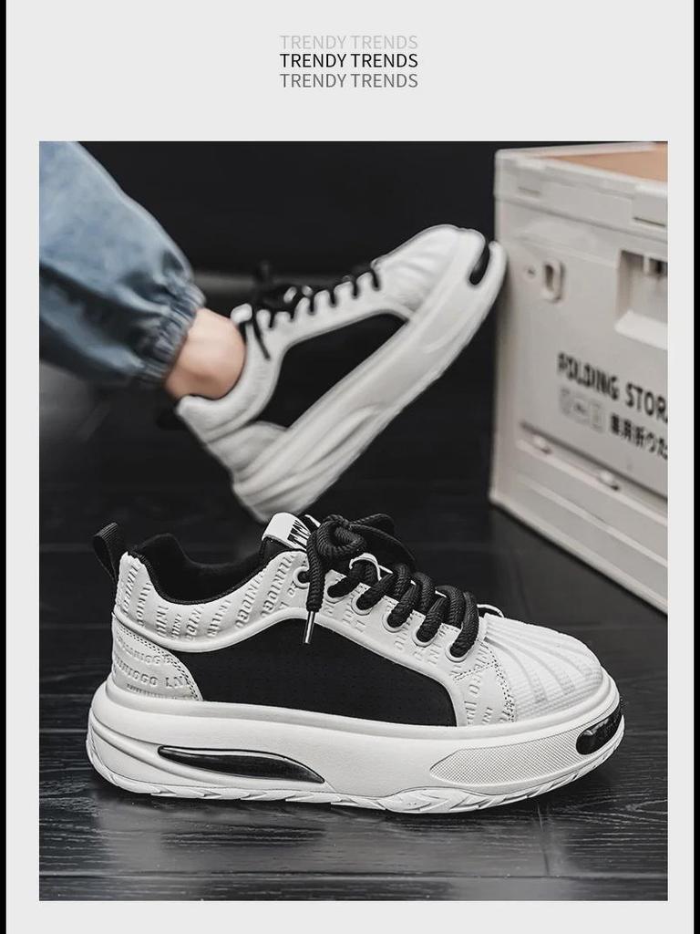 Schwarze Shell Toe Sneakers aus Leder für Herren – Dicke Sohle, trendige Herbst-Sportschuhe