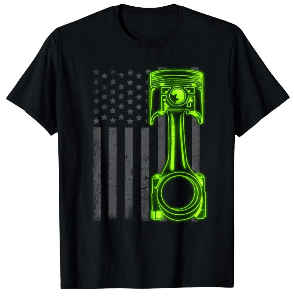 T-shirt Unisexe Drôle Piston Drapeau Américain Vintage Cadeau Mécanicien Muscle Car
