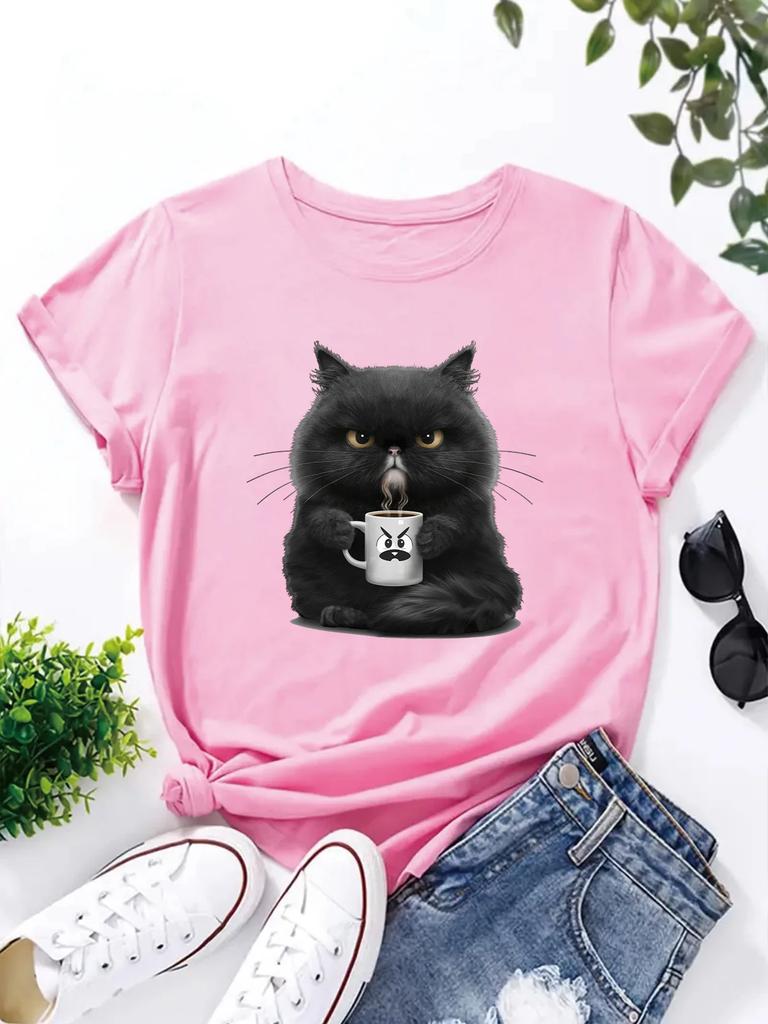 Cute Coffee Drinking Cat Women T Shirt Summer Fashion Short Sleeved T-shirt Tee Tops O-neck Casual Tshirt Women's Clothing