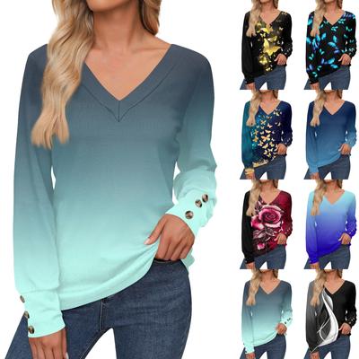 Women's Tops Floral Print Long Sleeve Shirt V Neck Casual Loose Tee Autumn Clothing