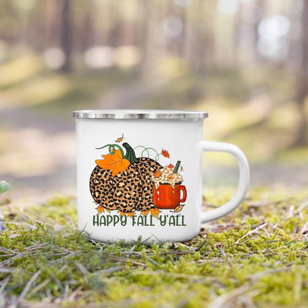 Hello Pumpkin Print Enamel Mugs Coffee Cups Fall Thanksgiving Party Juice Mug Handle Cup Autumn Holiday Gifts for Family Friends