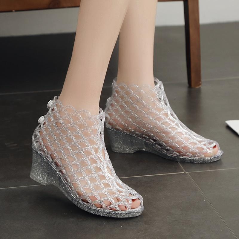 

Fashion Bling sector hollow-out pvc sandals women peep toe button summer ankle boots jelly shoes solid wedges high heels sandalias mujer 6 серебряный