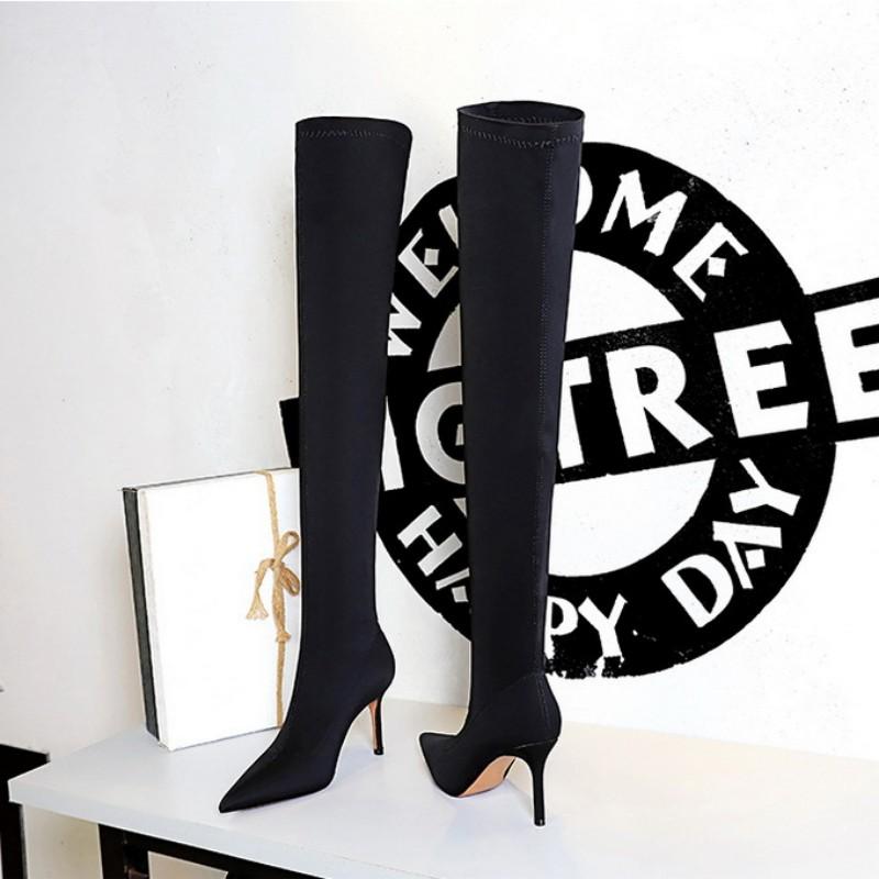 European and American Style Simple High Heel Pointed Elastic Lycra Sexy Slim Over Knee Boots