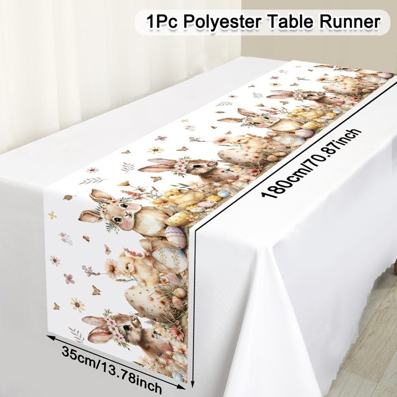 Vintage Easter Bunny Table Runner Polyester Rabbit Eggs Flower Table Flag Easter Decorations For Home Kitchen Dining Table Decor