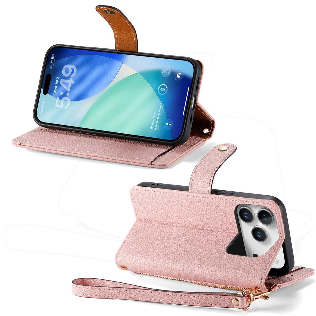 For iPhone 17 Pro Case RFID Blocking Zipper Pocket Leather Wallet Phone Cover with Strap