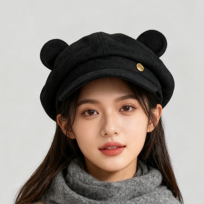 Autumn and winter cute sweet bear ears beret versatile face student newsboy hat