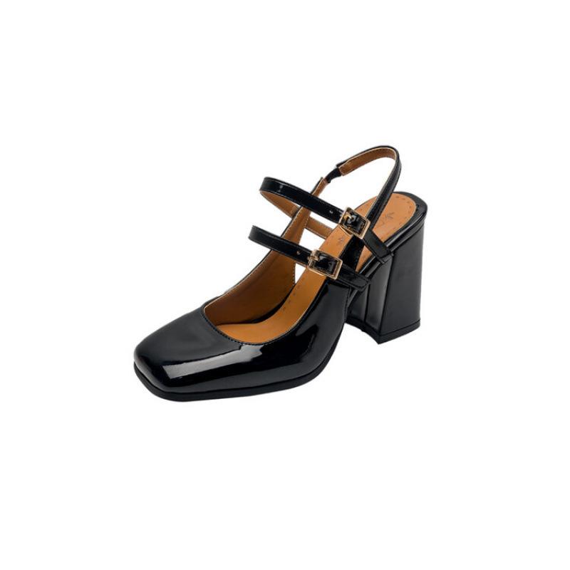 Summer Square Head Rear Empty High-heeled Sandals New Women's Roman Sandals Casual Patent Leather Large Size Shoes Waterproof Table Heel