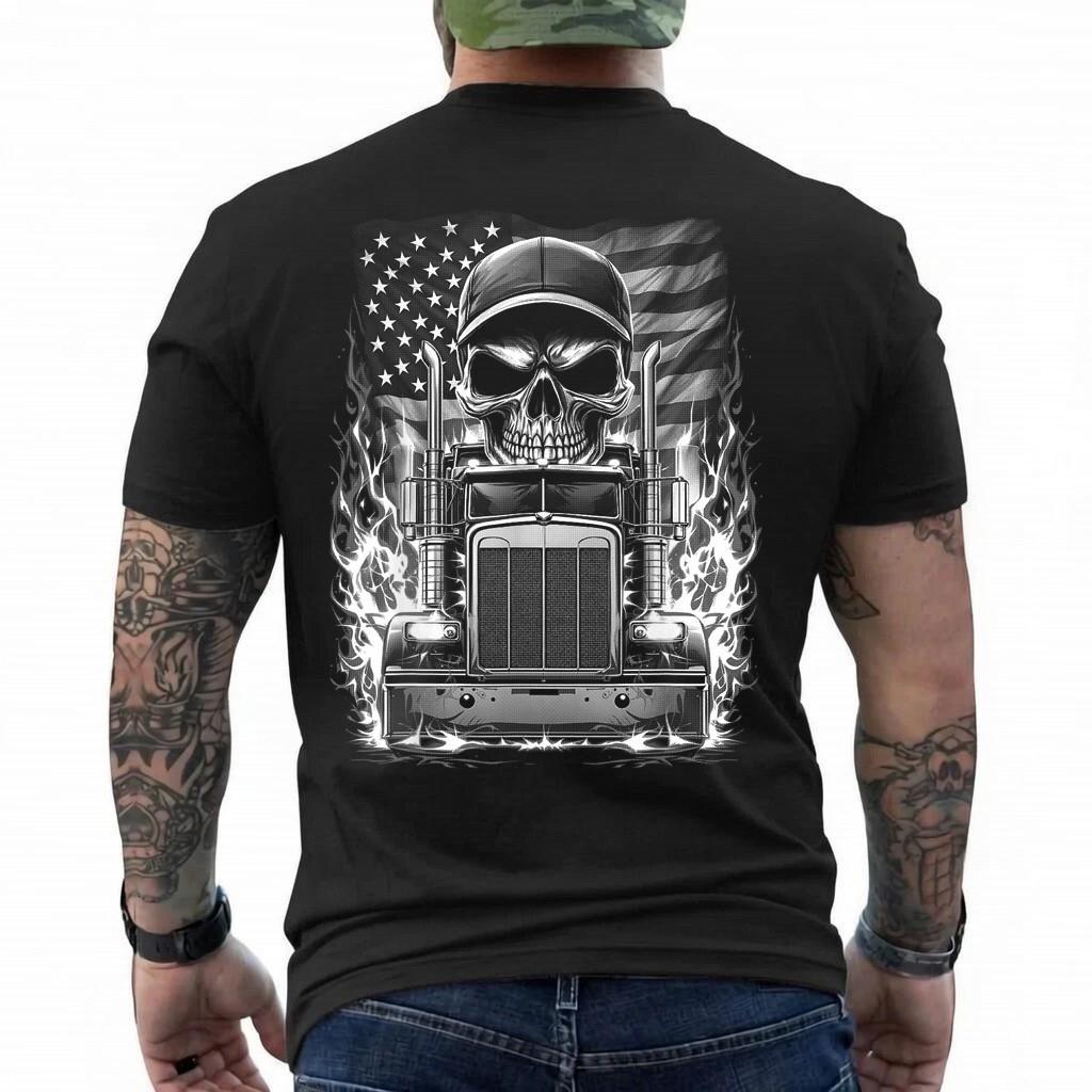 Trucker Patriotic American Flag Semi Truck Driver Skull T-Shirt S