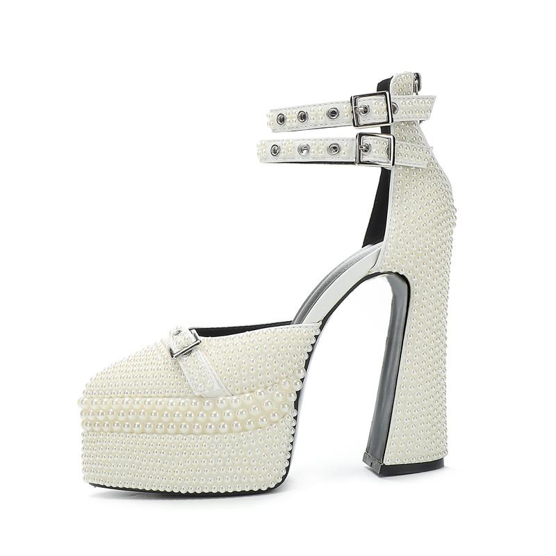 Fashion Luxury Handmade Full Pearls Beaded Ankle Strap Women Pumps Fashion Metal Buckle Platform Wedges High heels Party Wedding Shoes