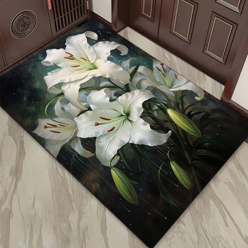 Elegant White Lily Rug for Living Room DecorFloral Area Rugs, Home Interior Design Ideas Anti slip carpet can be machine washed