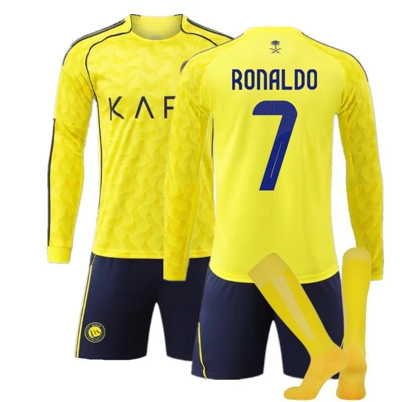 2026 Riyadh Home Soccer Jersey Long Sleeve Kit Mens Football Uniform Size S-3XL Yellow Striped Ronaldo 7