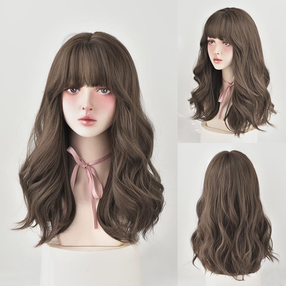 Lange Lockige Haare Damen Perücke mit Pony Täglich Braun Schwarz Rosa Lolita Cosplay Geflochtene Perücken Hitzebeständige Faser Party Kunsthaar