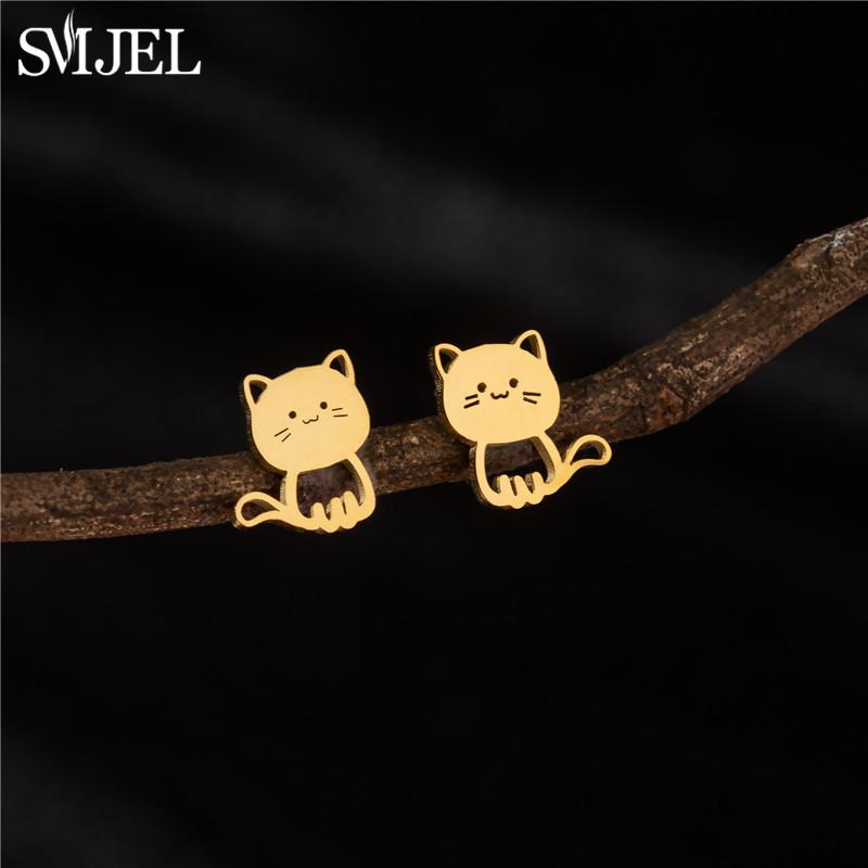 New Funny Happy Kitty Stud Earrings for Girls Fashion Cute Animal Cat Earings Silver Color Kitten Jewelry Wholesale