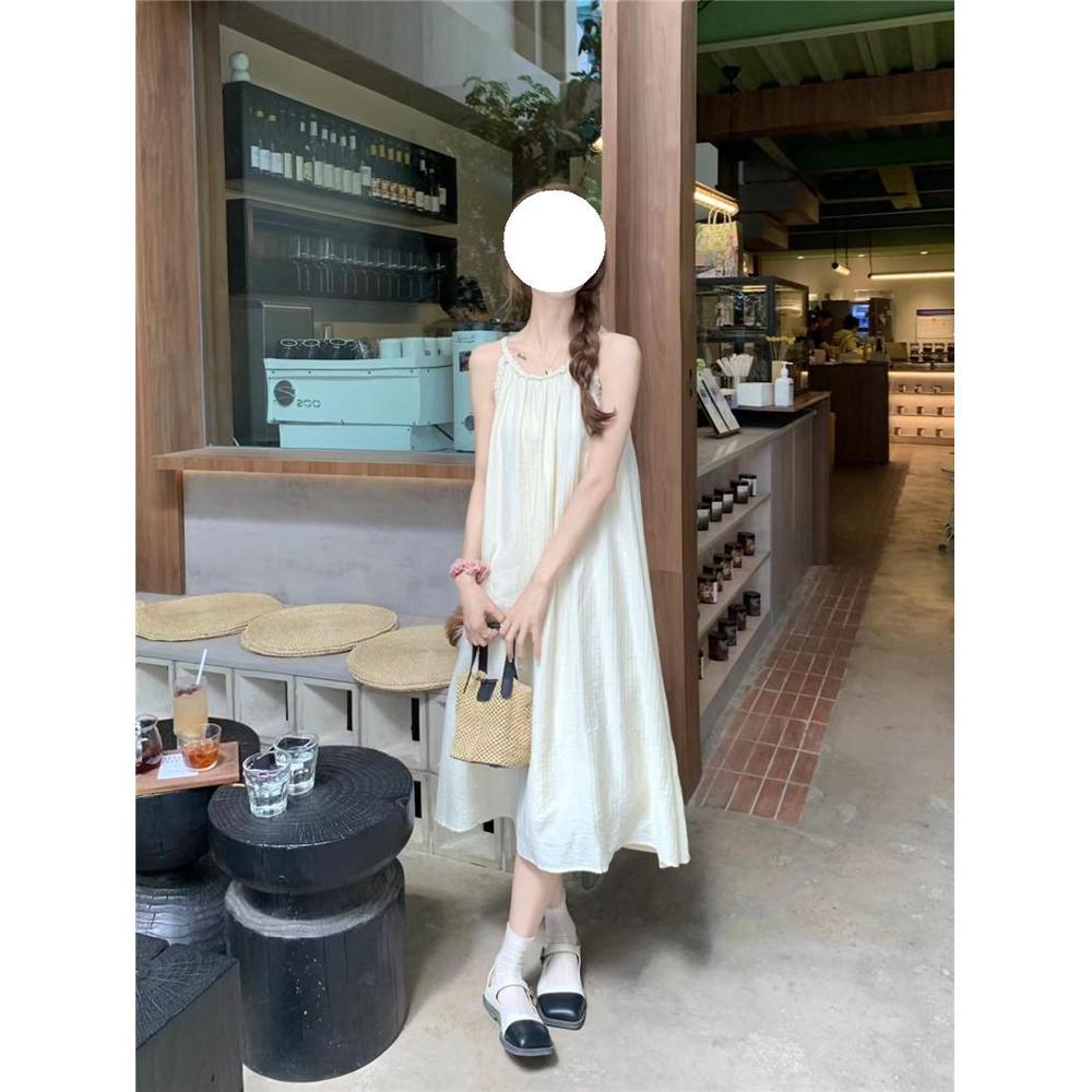 French Gentle Wind Sleeveless Neck-hanging Off-the-shoulder Dress for Women's Summer High-end Temperament Loose Belly-covering and Thin Dress