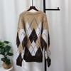 Autumn and Winter New Loose Lazy Style Knitted Sweater Top Retro Contrasting Color Diamond Sweater Pullover Woman
