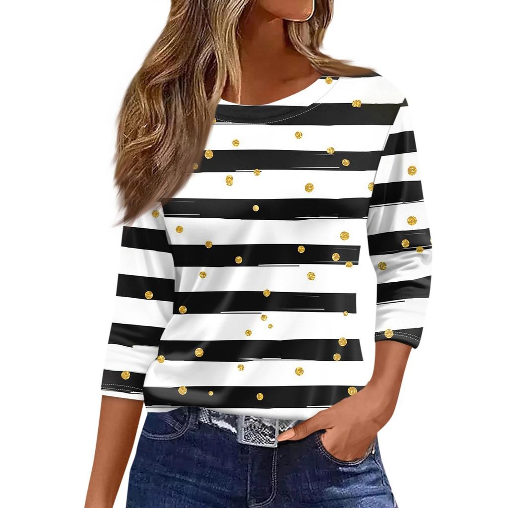 Damenmode, lässig, Rundhalsausschnitt, 3/4-Ärmel, lockeres bedrucktes T-Shirt, Damen-Top