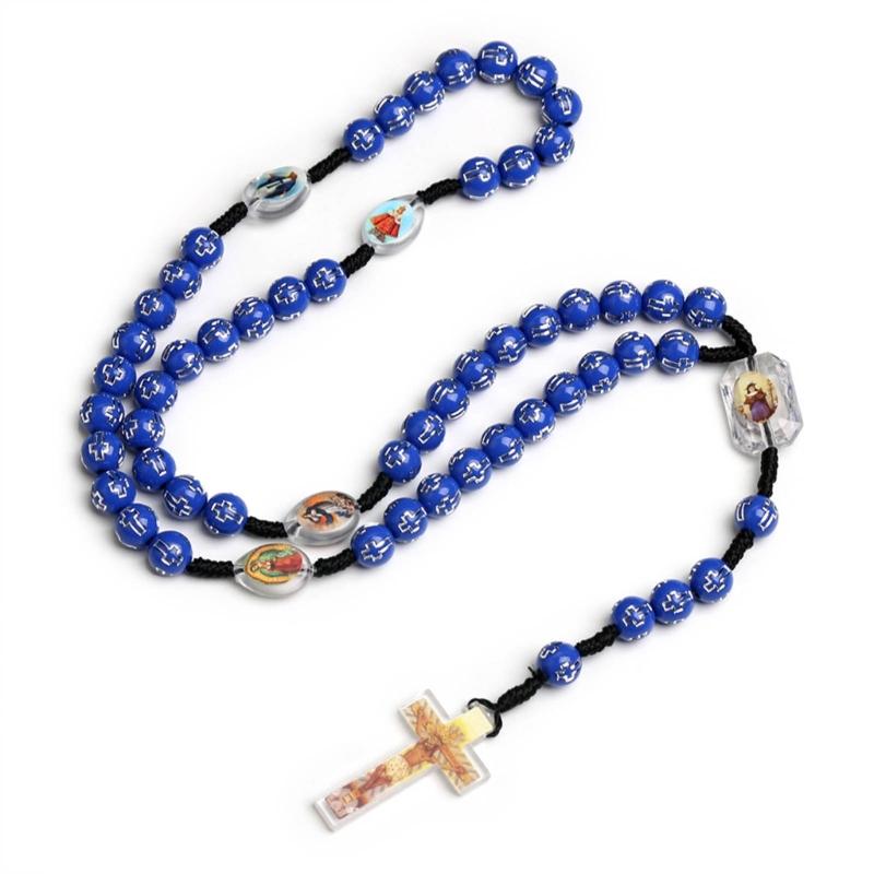 Handmade Plastic Beaded Necklace with Cross Pendant Fashion Catholic Cross Rosary Necklace Jewelry for First Communion