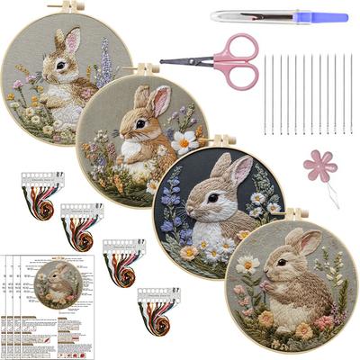 1ks Vzor králíka a květin Výšivka DIY Látková řemeslná sada s nástroji