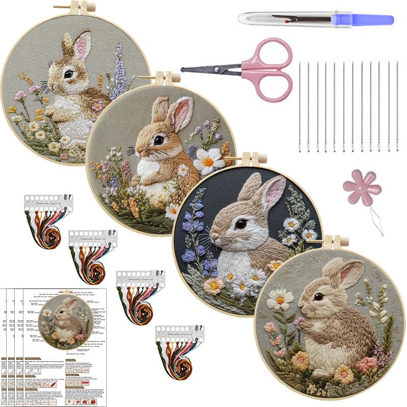 1pc Rabbit and Flower Pattern Embroidery DIY Fabric Craft Set with Tools