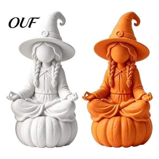 Unfinished Craft Ornaments 3D Printed Meditating Witch Figurine on Pumpkin Base, Minimalist Small Desktop Figurines Halloween Autumn Statue,