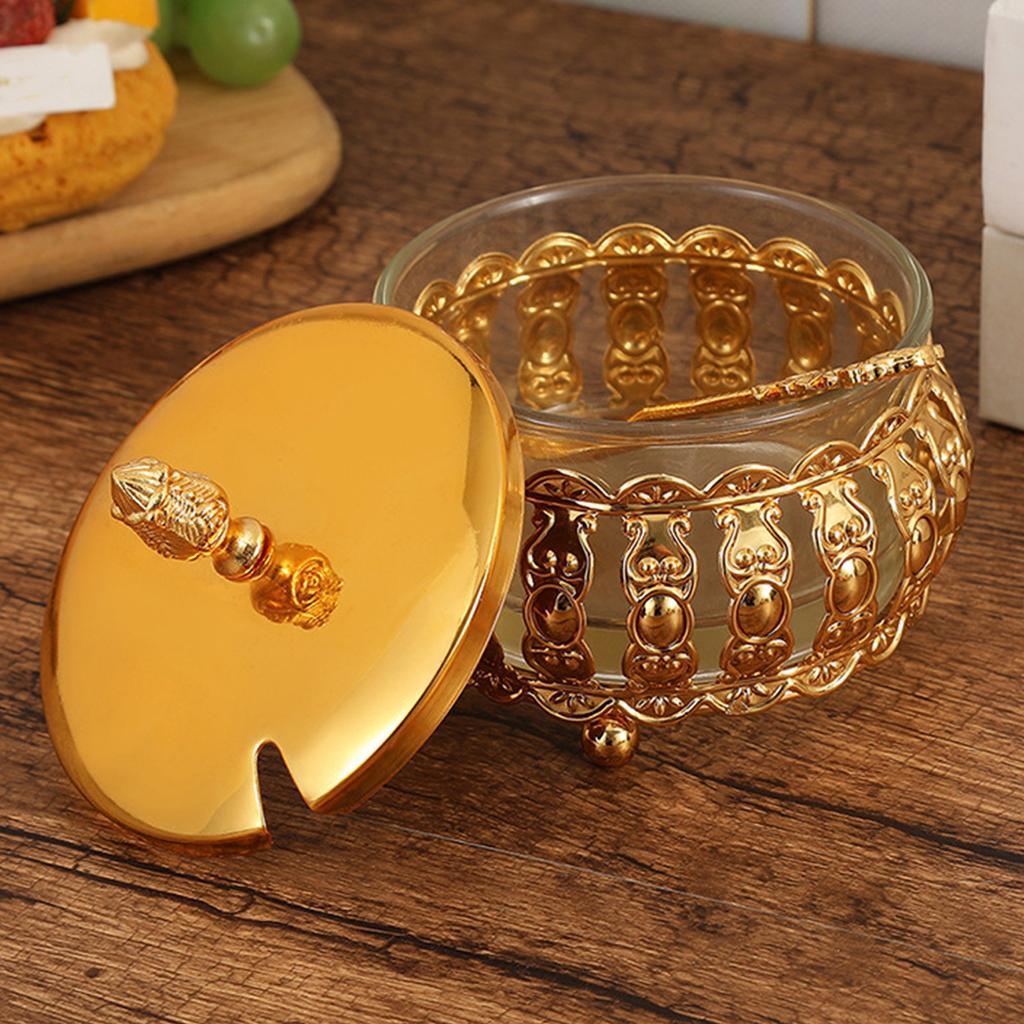 European Kitchen Essential Hollow Out Iron Glass Sugar Bowl With Scooping Spoon and Lid Condiment Spices Jar Decoration