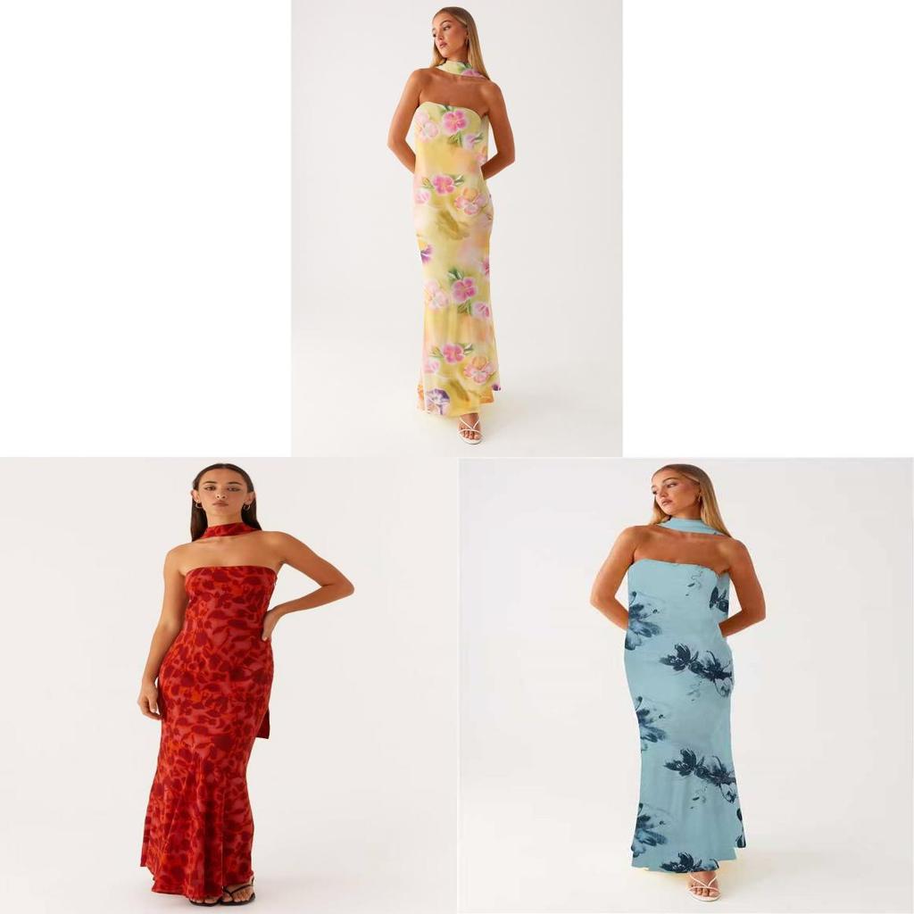Maxi Abito in Chiffon Floreale Francese con Zip per Vacanze Estive al Mare