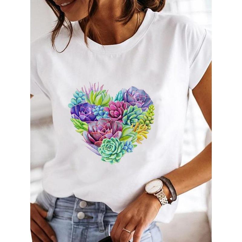 Spring Summer Women's Clothing Love Flower Plant Printed Casual Simple Trendy Top Round Neck Pure Cotton Short Sleeved T-Shirts Women’s