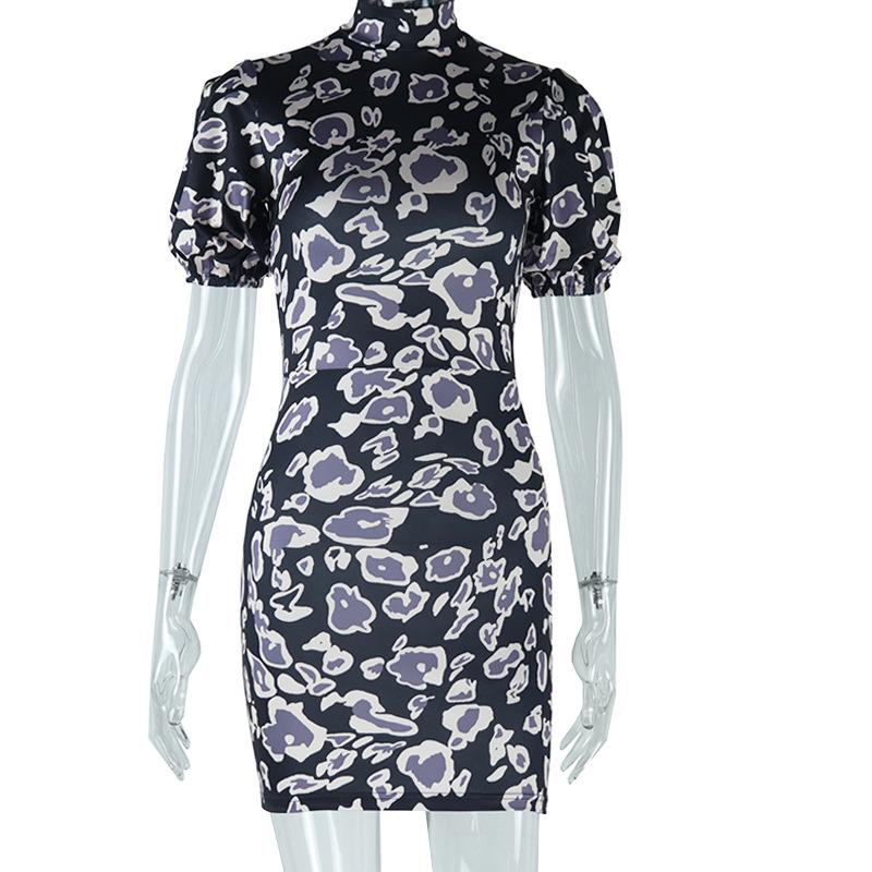 Women's Fashion Sheath Dress Printed Lantern Sleeve Dress Shoulder Pad Midwaist Street Bag Hip Dress