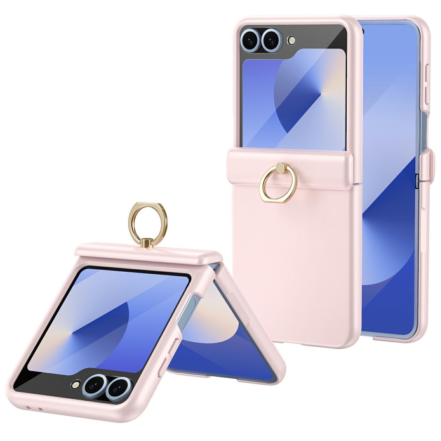 

For Samsung Galaxy Z Flip7 FE 5G/Z Flip6 5G Case with Tempered Glass Film Ring Holder Kickstand PC Phone Cover Pink