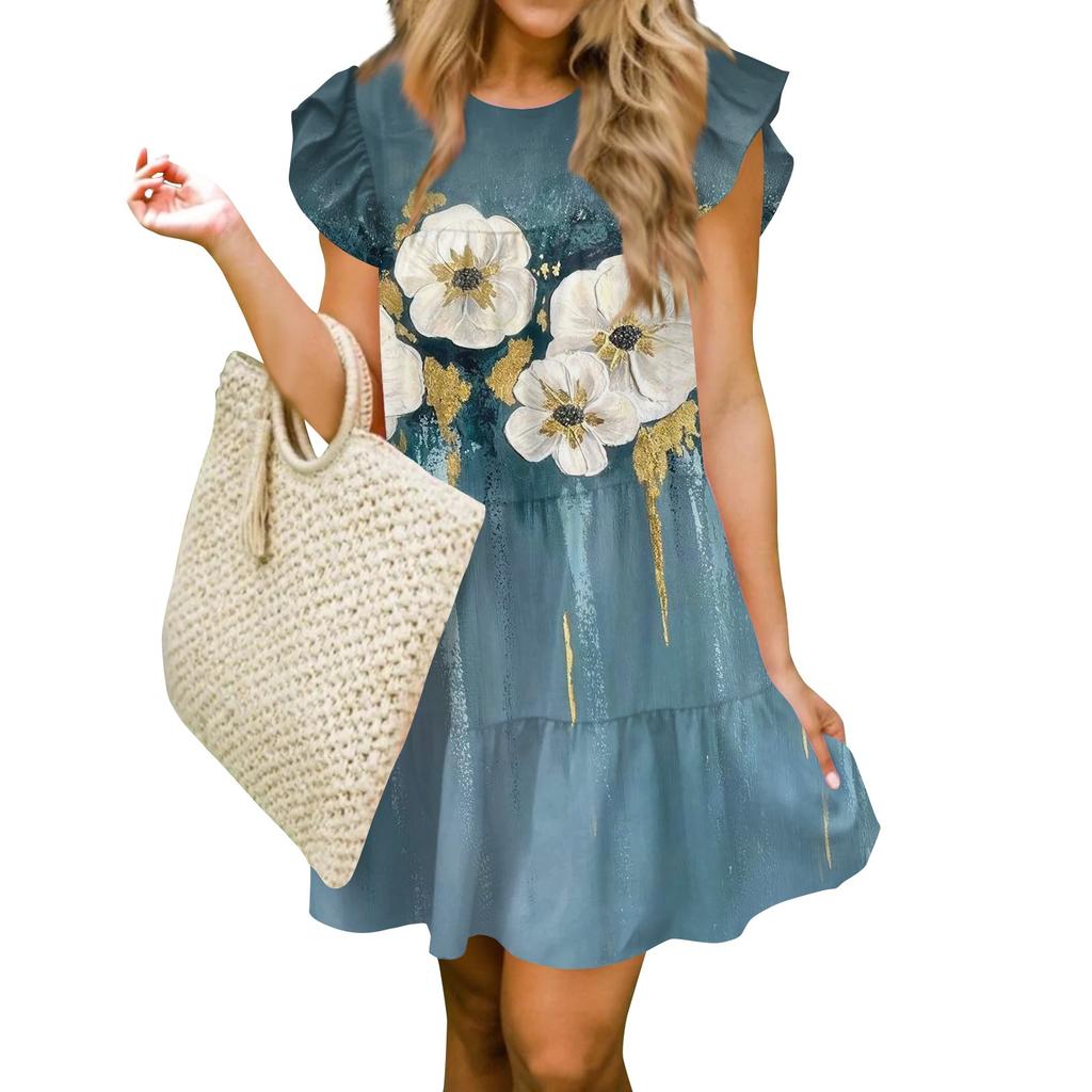 Women Fashion Summer Casual O-Neck Ruffle Sleeve Sleeveless Flowy Short Tunic Dress