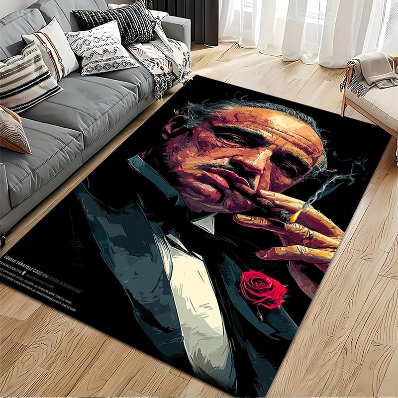 Movie Poster Area Rug, The Godfather Vito Corleone Cigar Rose Vector Art Print, Film Fan Living Room Bar Decor, Non-Slip Mat