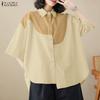 Women Casual Turn Down Collar Loose Patchwork Half Sleeve Blouse