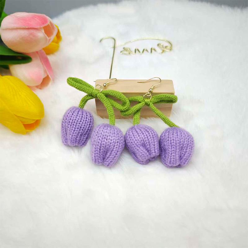 Charming Tulip Flower Knitted Wool Earrings for Women