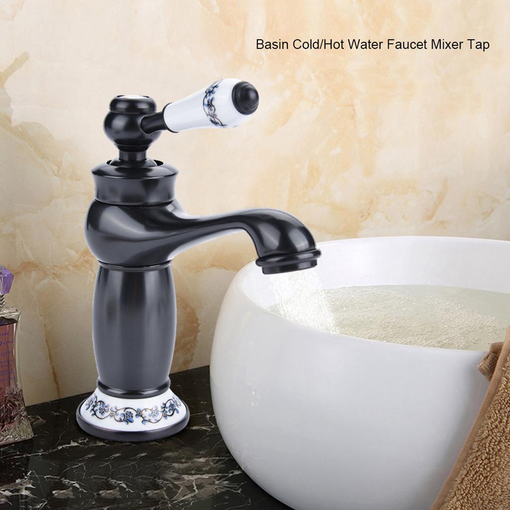 Floral Pattern Single Handle Mixer Tap Cold/Hot Water Faucet for Bathroom Basin Sink (Black)