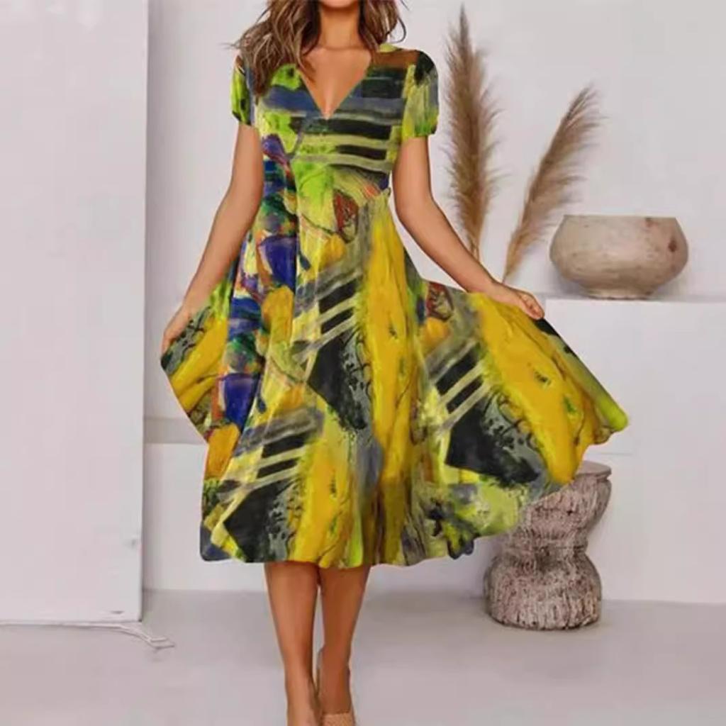 Long dress casual V-neck pendulum bohemian short-sleeved dress