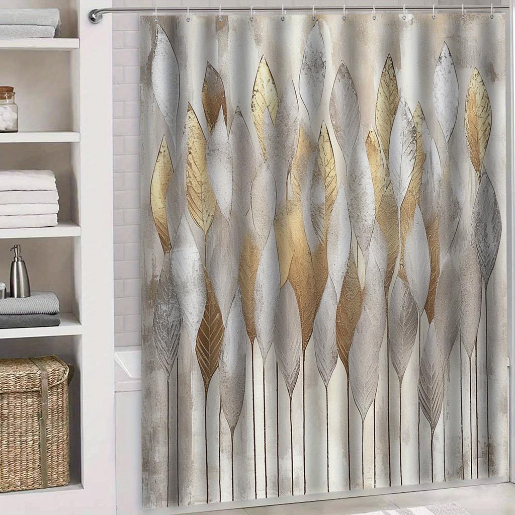 1pc Brown Golden Leaf Shower Curtain - 72x72", Elegant Design with Metallic Accents, Forest Theme, Includes Hooks