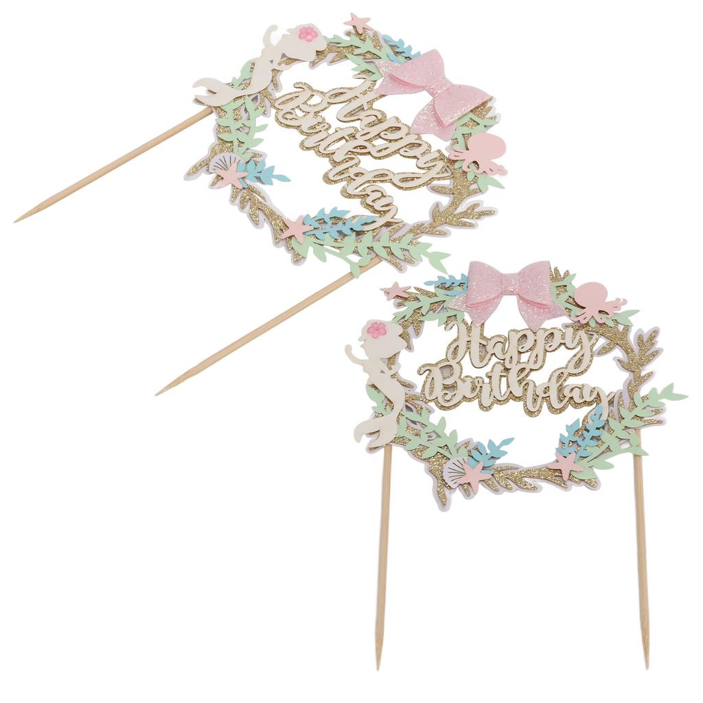 2Pcs Cake Toppers Pink Bow Sparkling Exquisite Safe Degradable Happy Birthday Cake Decoration