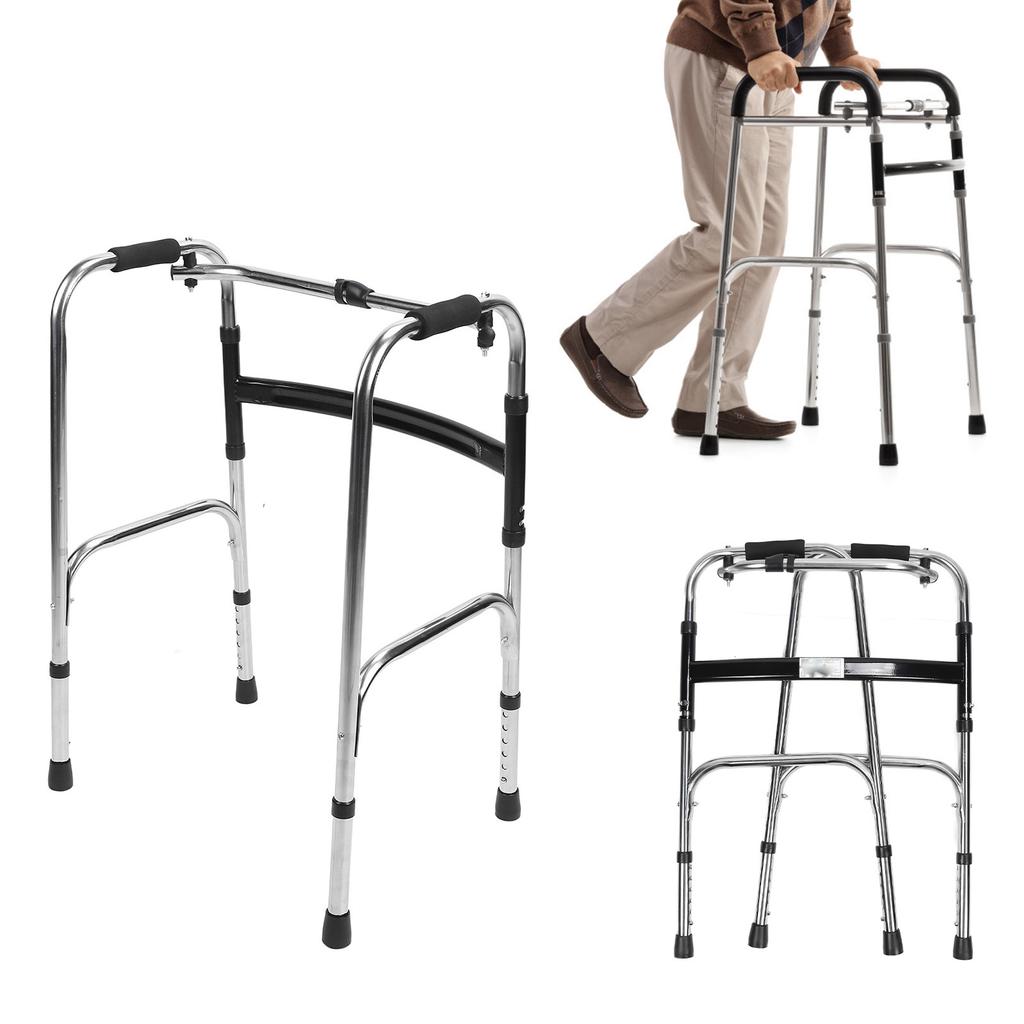 Elderly Folding Walker Height Adjust Stainless Steel Portable Recovery Senior Walker Silver Black