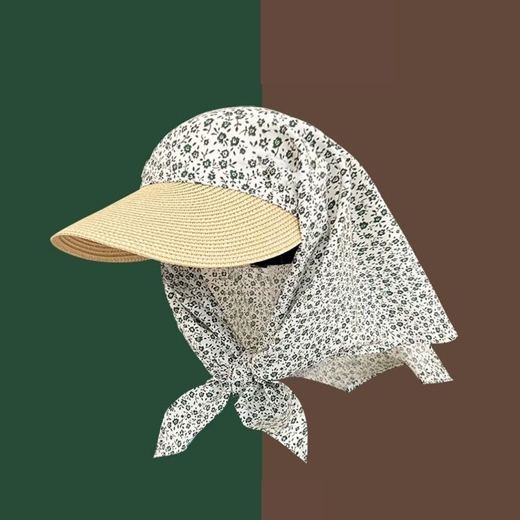 Women's UV Protection Straw Hat with Integrated Headscarf & Neck Cover for Outdoor Cycling & Travel
