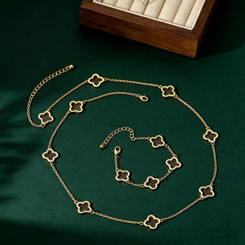 Fashion Clover Necklace Bracelet Set Women Minimalist Lucky Jewelry