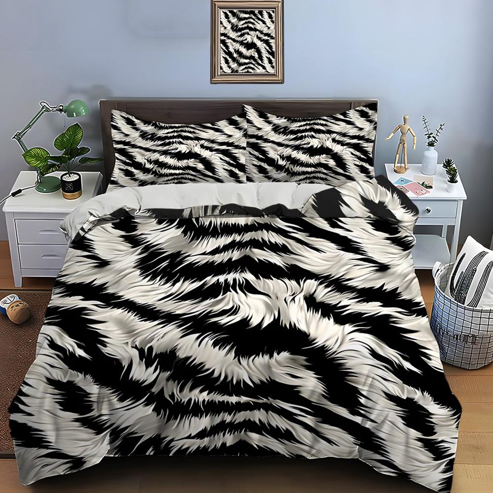 Black white abstract fur pattern Bedding Set for Kids Luxury Gift 3pcs Digital Print Comforter Set Soft Comfortable Breathable