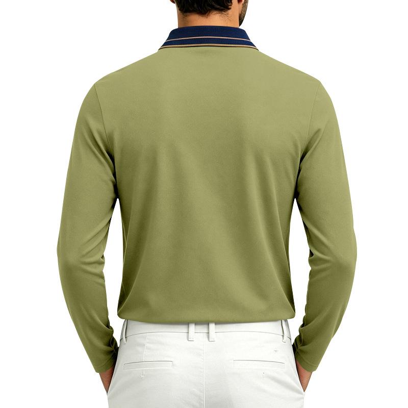 Autumn Mens Solid Long Sleeve Polo Shirt Contrast Striped Lapel Collar Button Placket Breathable Golf Casual Wear Tees